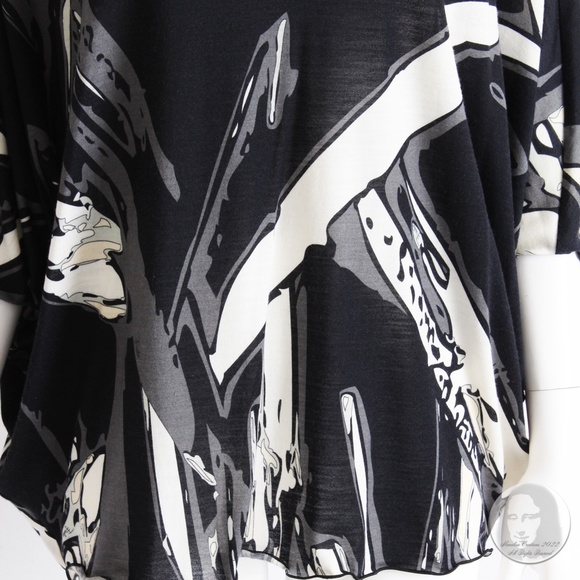 Emilio Pucci Top Batwing Sleeve Wool Blend Abstract Black White Gray Beige US 10 - Picture 6 of 9